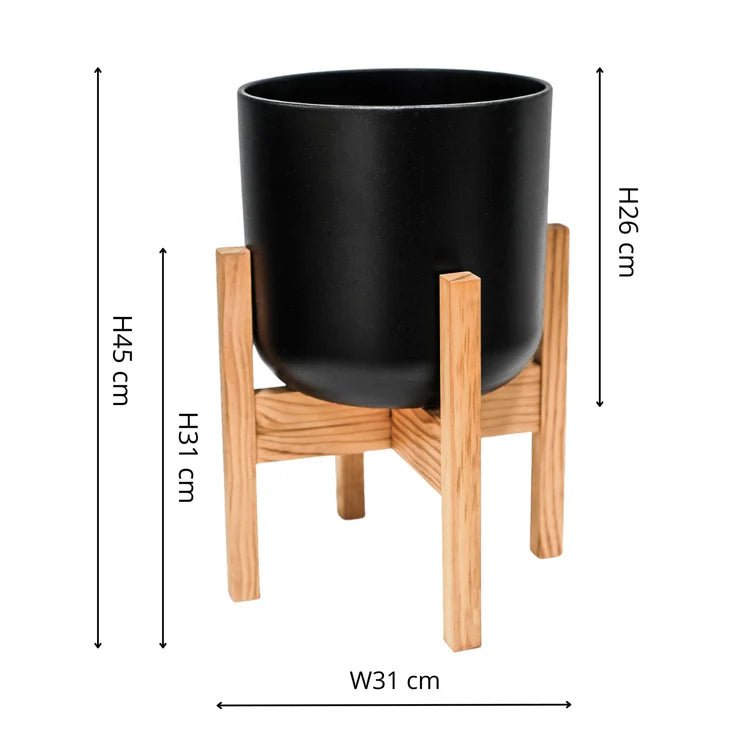 Large Indoor Black Ceramic Plant Pot - On Wooden Stand Luxury Home Decor Garden & Outdoor And Gifts