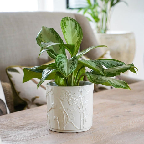 Large Kew Gardens Stoneware Ivory Indoor Planter - Handmade With a Meadow Flowers Embossed Pattern Luxury Home Decor Garden & Outdoor And Gifts