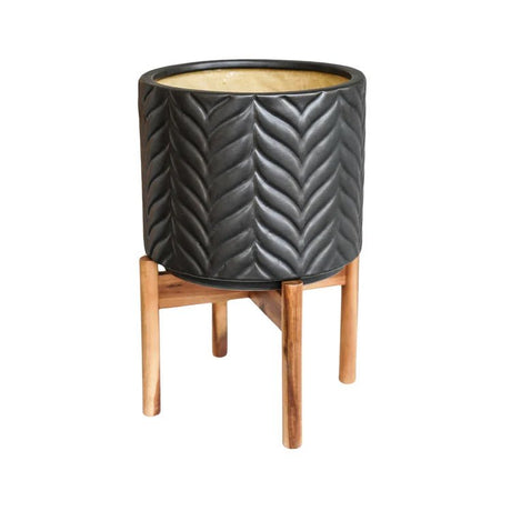 Large Mercury Grey Indoor Planter With Stand - Embossed Chevron Pattern Luxury Home Decor Garden & Outdoor And Gifts