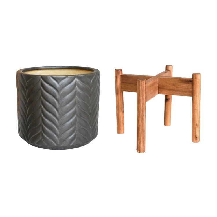 Large Mercury Grey Indoor Planter With Stand - Embossed Chevron Pattern Luxury Home Decor Garden & Outdoor And Gifts