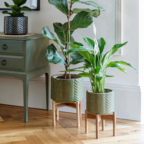 Large Olive Green Indoor Planter With Stand - Embossed Chevron Pattern Luxury Home Decor Garden & Outdoor And Gifts