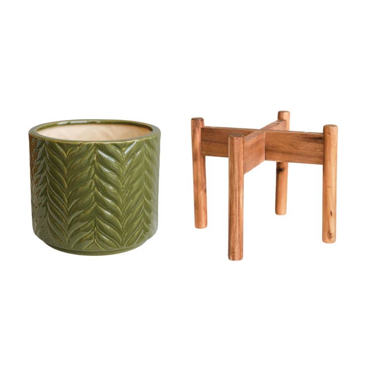 Large Olive Green Indoor Planter With Stand - Embossed Chevron Pattern Luxury Home Decor Garden & Outdoor And Gifts