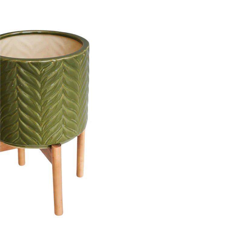 Large Olive Green Indoor Planter With Stand - Embossed Chevron Pattern Luxury Home Decor Garden & Outdoor And Gifts