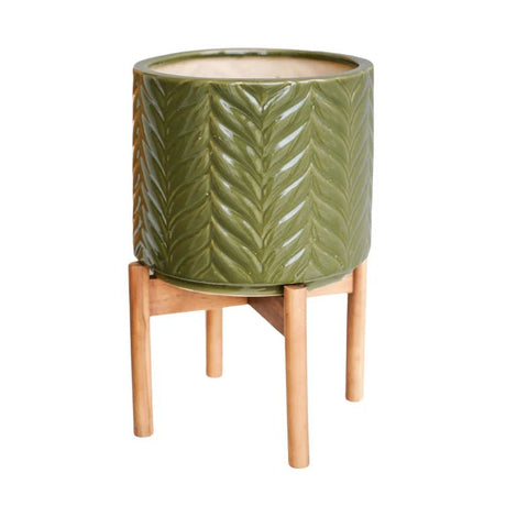 Large Olive Green Indoor Planter With Stand - Embossed Chevron Pattern Luxury Home Decor Garden & Outdoor And Gifts
