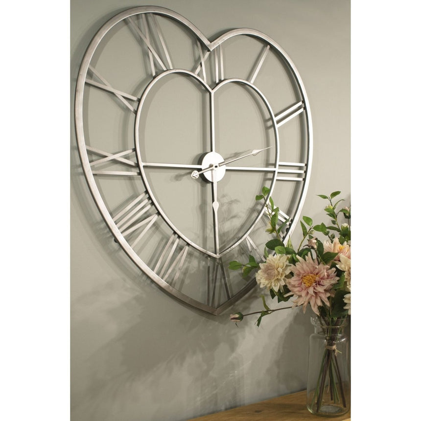 Large Silver Heart Skeleton Wall Clock 89cm - Modern Wall Clocks UK Luxury Home Decor Garden & Outdoor And Gifts