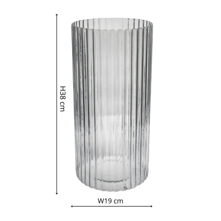 Large Tall - Indoor Sleek & Textured Ribbed Cylinder Glass Vase - Clear Grey Luxury Home Decor Garden & Outdoor And Gifts