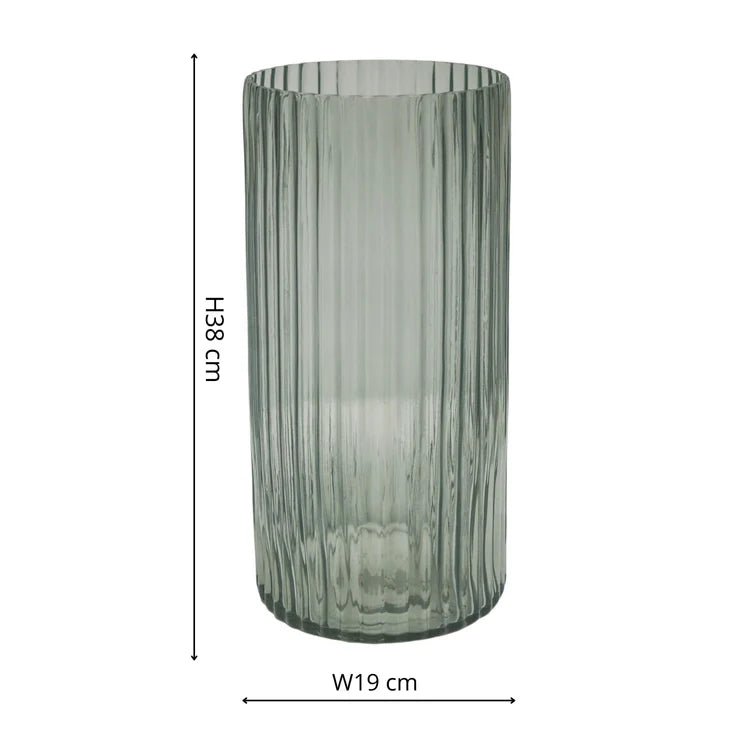 Large Tall - Indoor Sleek & Textured Ribbed Cylinder Glass Vase - Sage Green Luxury Home Decor Garden & Outdoor And Gifts