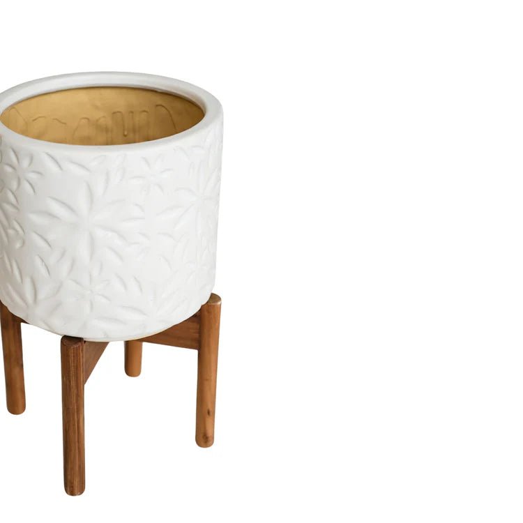 Large White Indoor Planter With Stand - Embossed Flower Pattern Luxury Home Decor Garden & Outdoor And Gifts