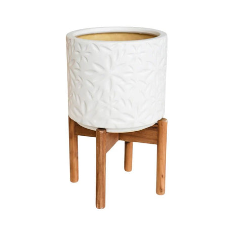 Large White Indoor Planter With Stand - Embossed Flower Pattern Luxury Home Decor Garden & Outdoor And Gifts