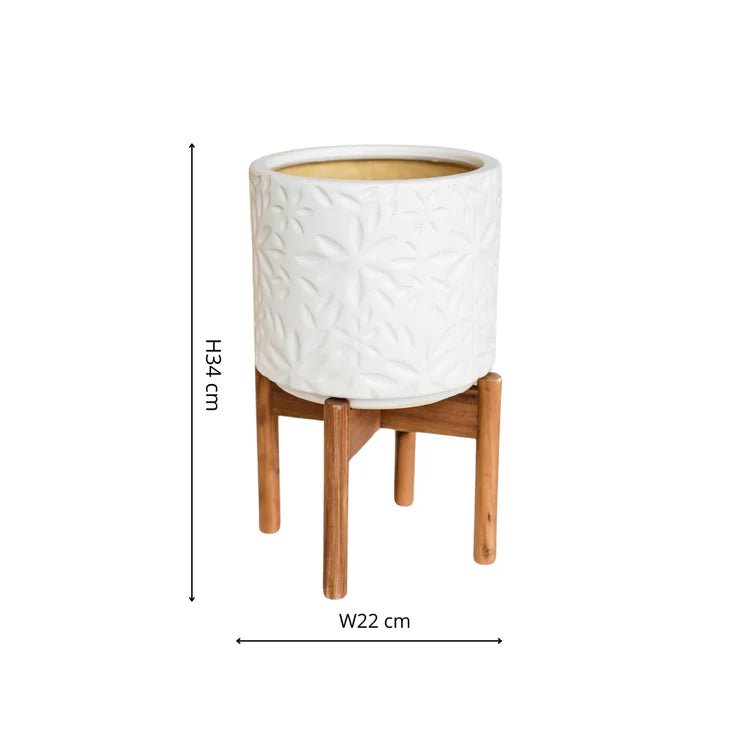 Large White Indoor Planter With Stand - Embossed Flower Pattern Luxury Home Decor Garden & Outdoor And Gifts