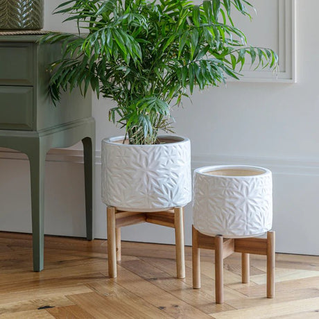Large White Indoor Planter With Stand - Embossed Flower Pattern Luxury Home Decor Garden & Outdoor And Gifts