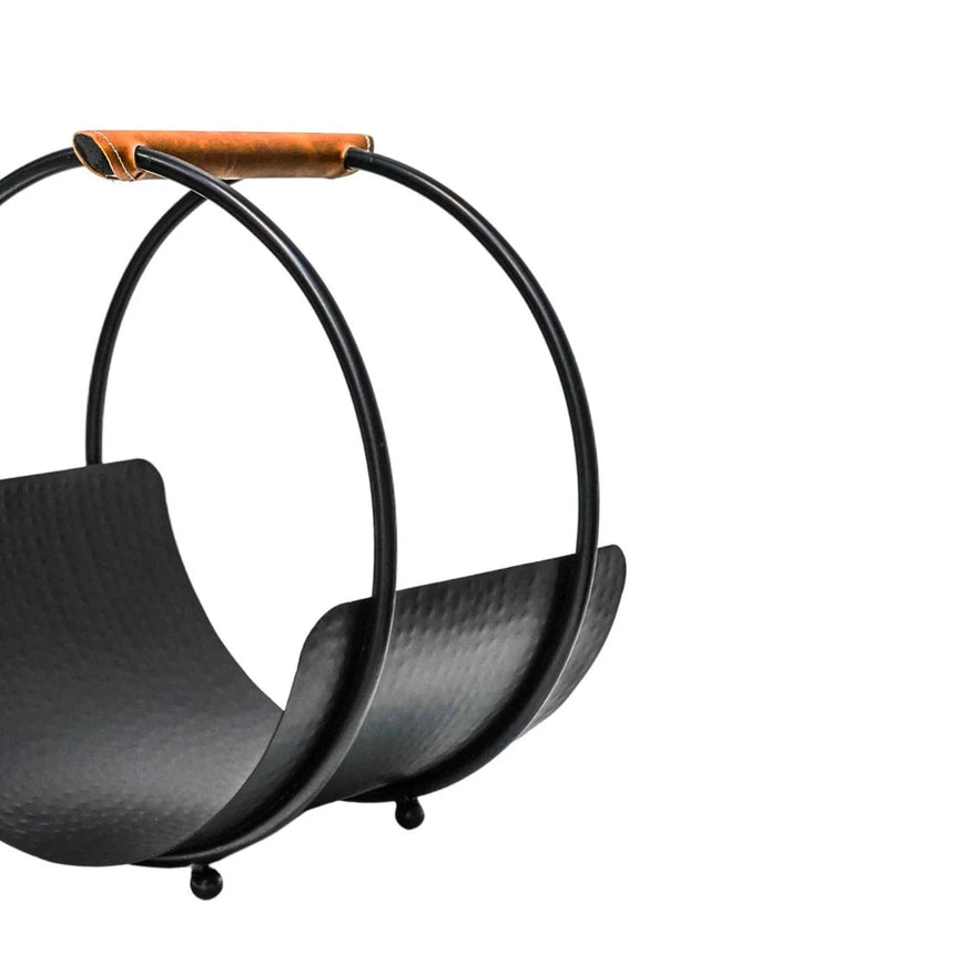 Leather Handle Round Log Holder H43cm W30.5cm Luxury Home Decor Garden & Outdoor And Gifts