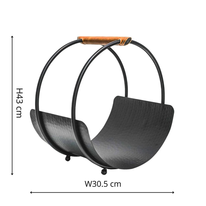 Leather Handle Round Log Holder H43cm W30.5cm Luxury Home Decor Garden & Outdoor And Gifts