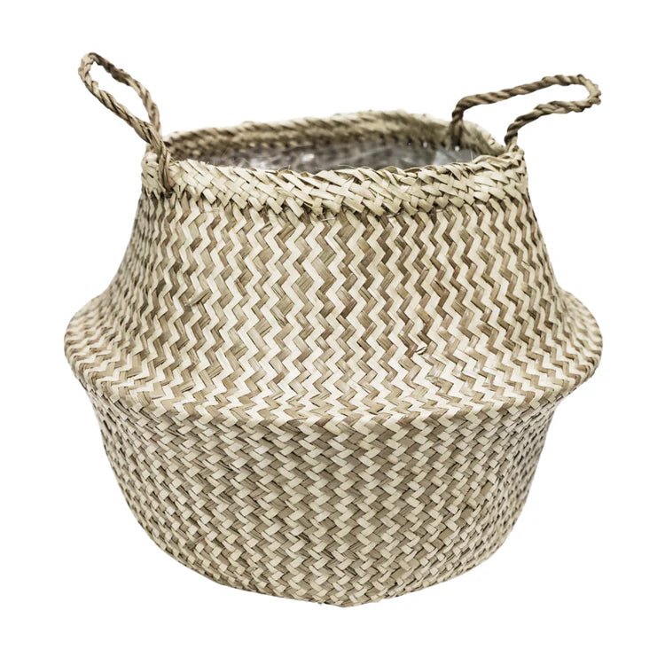 Medium Seagrass Basket or Plant Container - With Woven Chevron Design & Carry Handles Luxury Home Decor Garden & Outdoor And Gifts