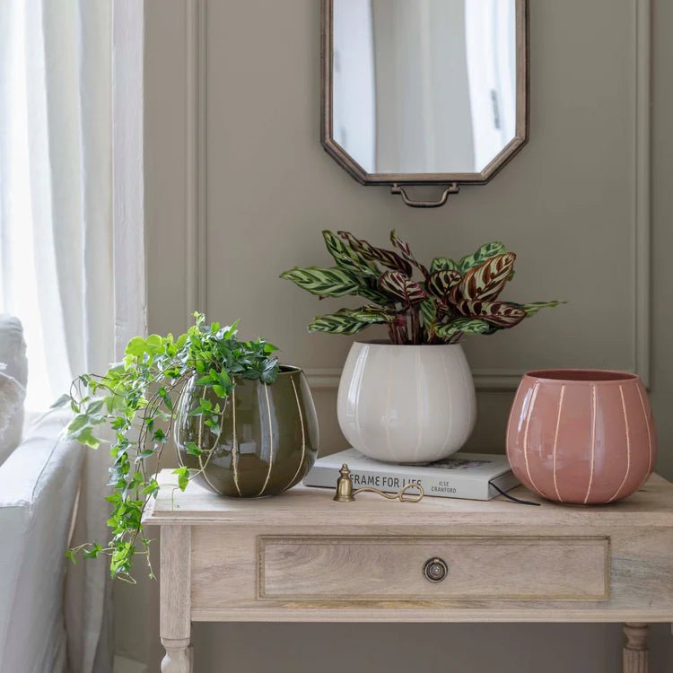 Olive Green Striped Planter - Uses Exclusive Wax Relief Luxury Home Decor Garden & Outdoor And Gifts