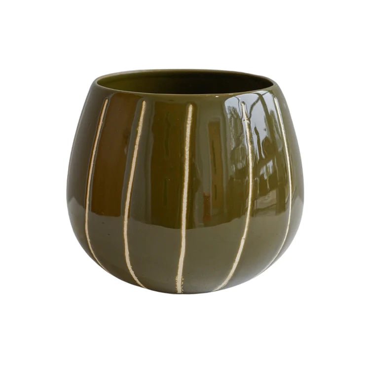 Olive Green Striped Planter - Uses Exclusive Wax Relief Luxury Home Decor Garden & Outdoor And Gifts
