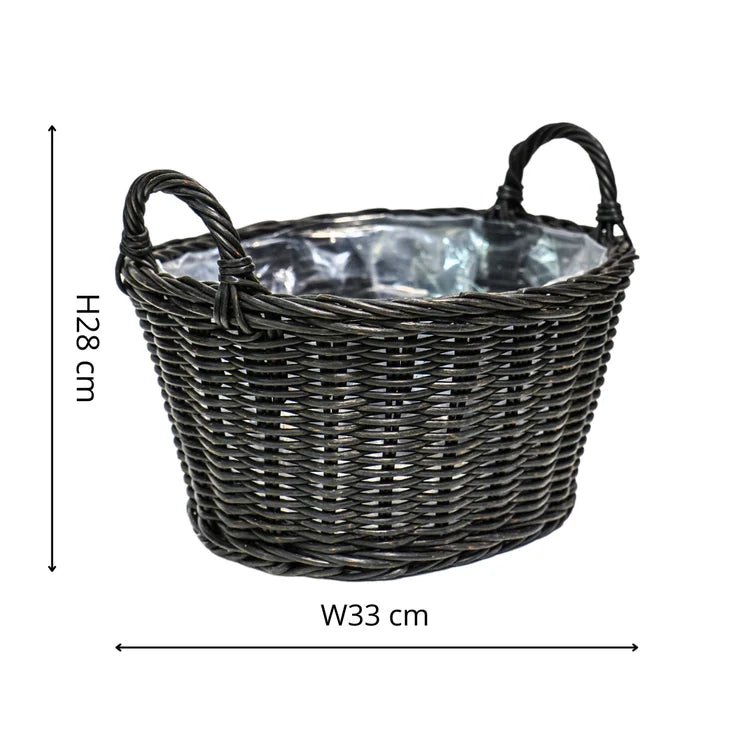 Outdoor Lined Large Basket Planter w/Handles - Black Rattan Finish, Waterproof, Frost Resistant Quality Home Decor Garden & Outdoor Living and Gifts