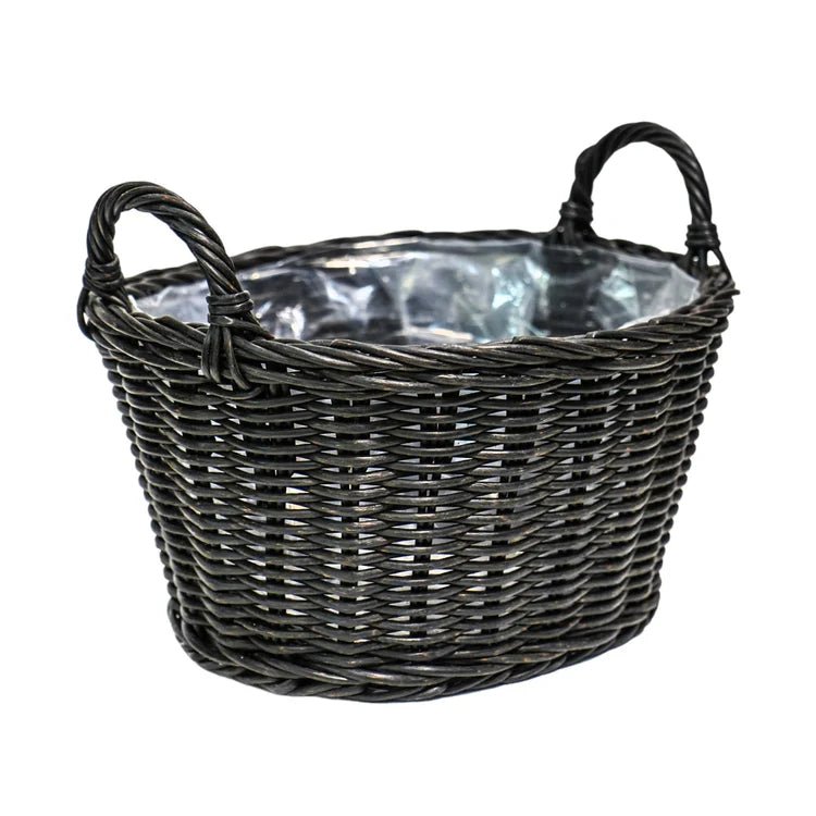 Outdoor Lined Small Basket Planter w/Handles - Black Rattan Finish, Waterproof, Frost Resistant Quality Home Decor Garden & Outdoor Living and Gifts