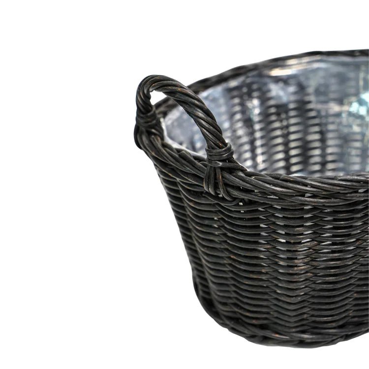 Outdoor Lined Small Basket Planter w/Handles - Black Rattan Finish, Waterproof, Frost Resistant Quality Home Decor Garden & Outdoor Living and Gifts
