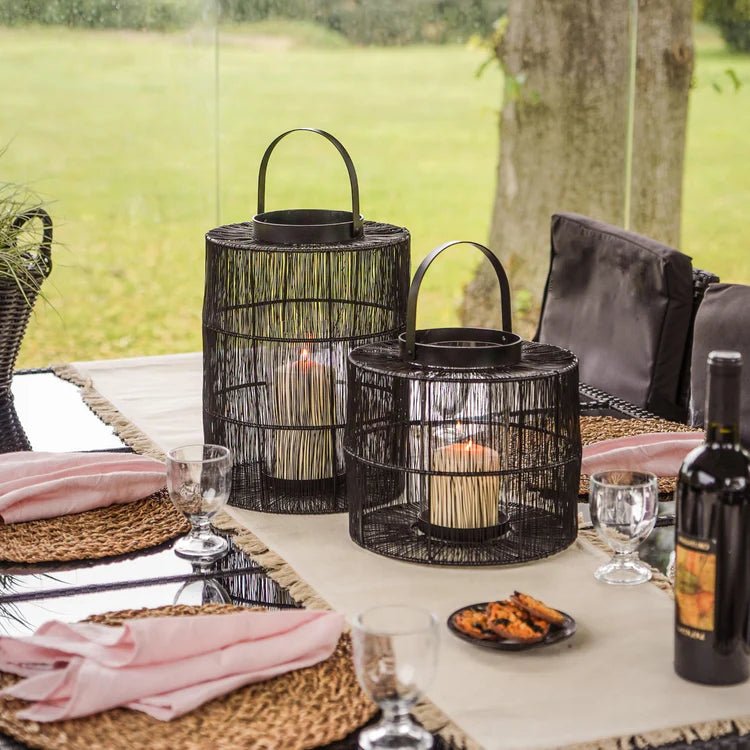 Portofino Large Outdoor Garden Black Wirework Lantern w/ Glass Insert - Perfect Centrepiece Quality Home Decor Garden & Outdoor Living and Gifts