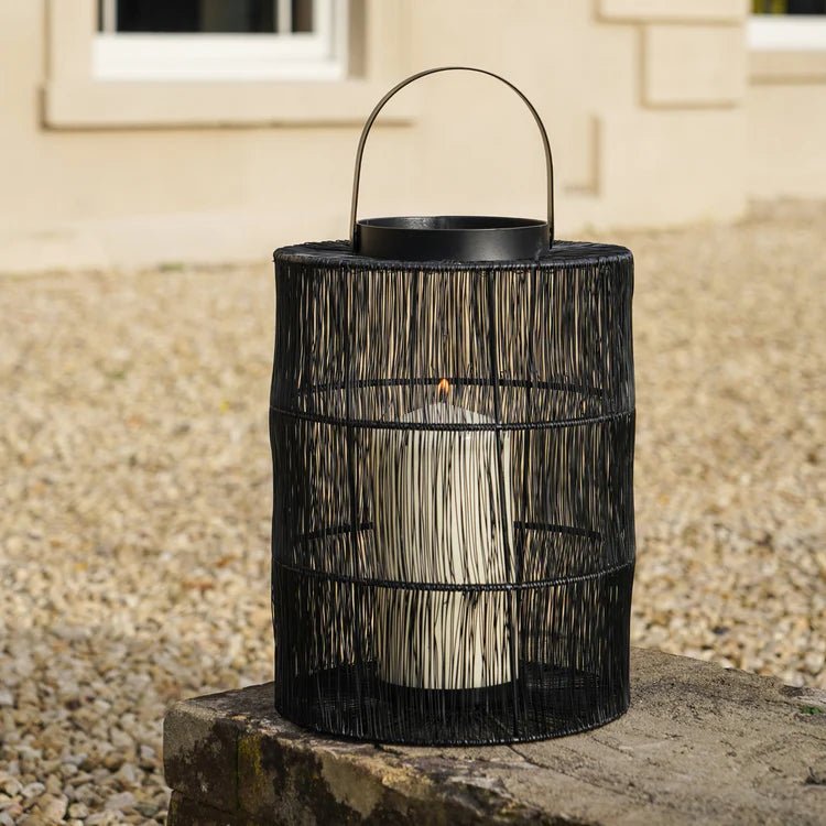Portofino Large Outdoor Garden Black Wirework Lantern w/ Glass Insert - Perfect Centrepiece Quality Home Decor Garden & Outdoor Living and Gifts