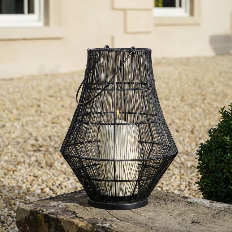 Portofino Large Outdoor Garden Lantern Black Curve Wirework - w/Glass Inset Windshield Quality Home Decor Garden & Outdoor Living and Gifts