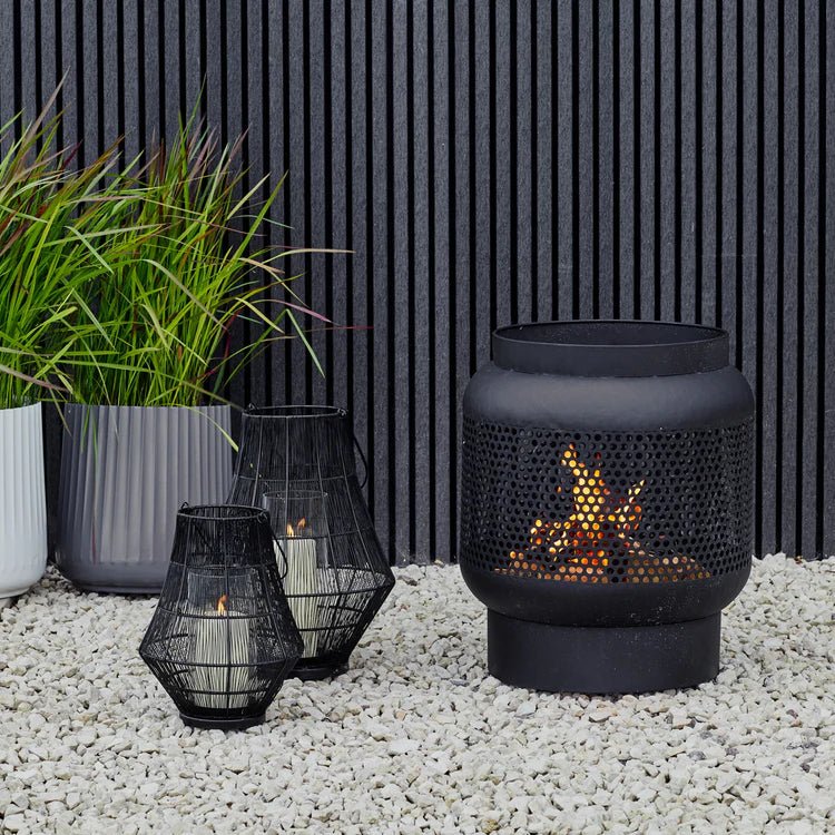 Portofino Large Outdoor Garden Lantern Black Curve Wirework - w/Glass Inset Windshield Quality Home Decor Garden & Outdoor Living and Gifts