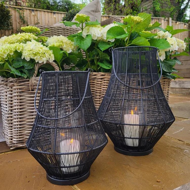 Portofino Small Outdoor Garden Lantern Black Curve Wirework - w/Glass Inset Windshield Quality Home Decor Garden & Outdoor Living and Gifts