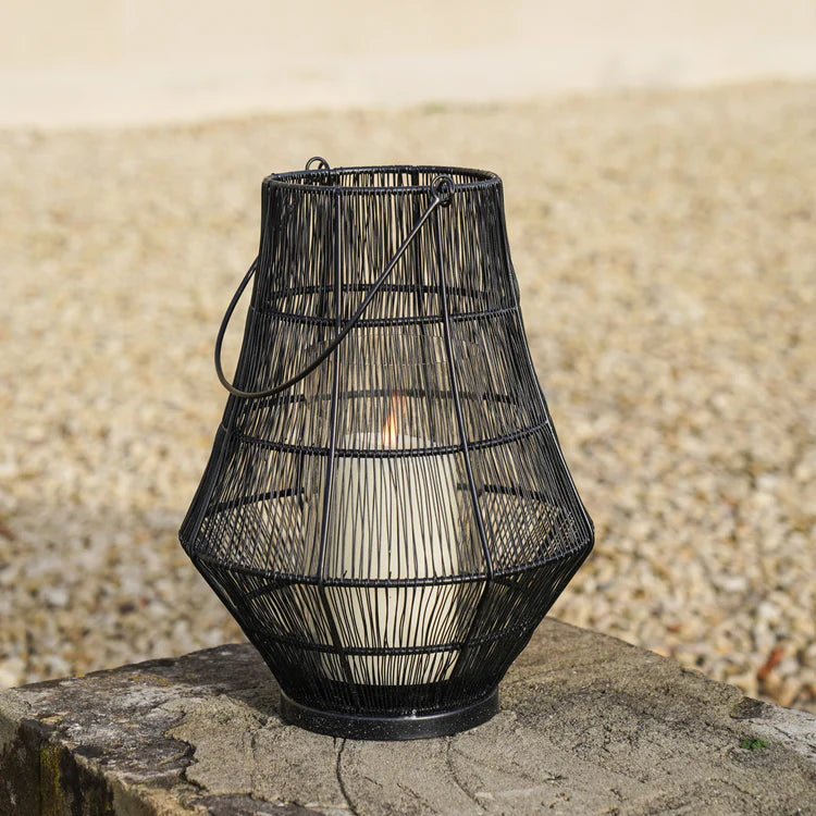 Portofino Small Outdoor Garden Lantern Black Curve Wirework - w/Glass Inset Windshield Quality Home Decor Garden & Outdoor Living and Gifts
