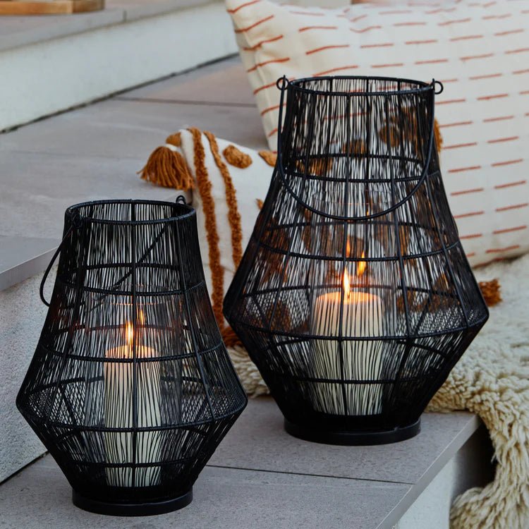 Portofino Small Outdoor Garden Lantern Black Curve Wirework - w/Glass Inset Windshield Quality Home Decor Garden & Outdoor Living and Gifts