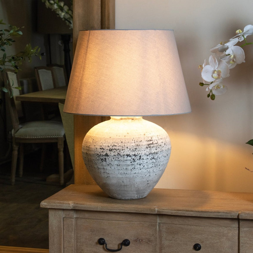 Regola Large Stone Ceramic Lamp & Grey Fabric Shade - Stylish Table Lamps UK Luxury Home Decor Garden & Outdoor And Gifts