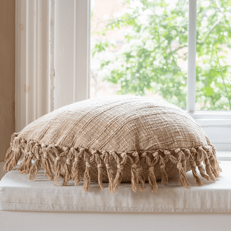 Round Honey Sofa/Chair/Bed Cushion - 100% Cotton, Large Tassels, 50cm Dia Quality Home Decor Garden & Outdoor Living and Gifts
