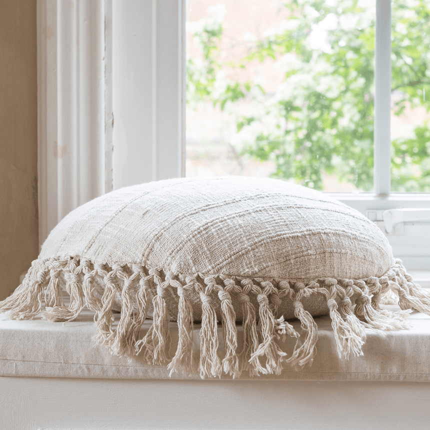 Round Natural Sofa/Chair/Bed Cushion - 100% Cotton, Large Tassels, 50cm Dia Quality Home Decor Garden & Outdoor Living and Gifts