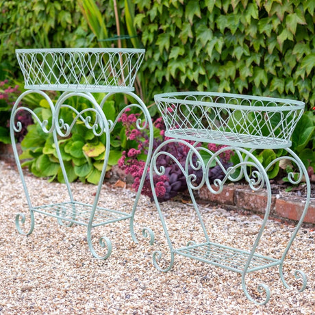 Set of 2 Outdoor Metal Plant Tables or Stands - Green Quality Home Decor Garden & Outdoor Living and Gifts
