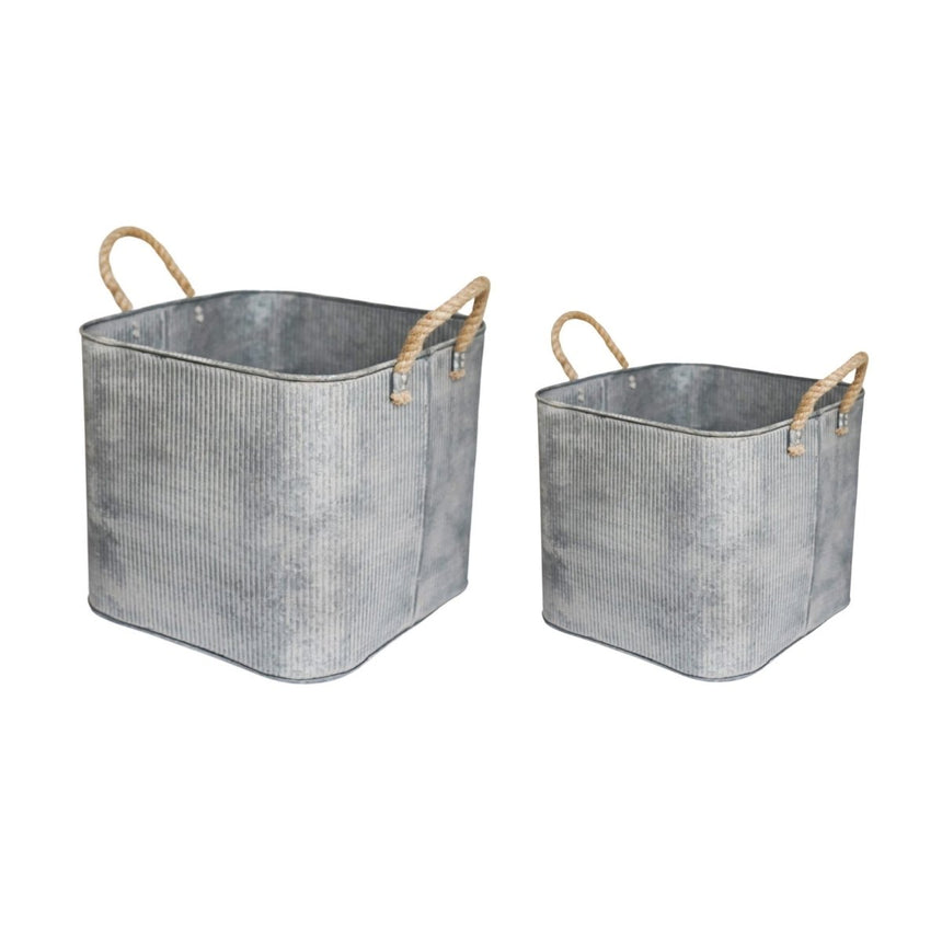 Set of 2 Outdoor Square Planters w/Rope Handles Galvanised Iron - Farmhouse Country Style Quality Home Decor Garden & Outdoor Living and Gifts