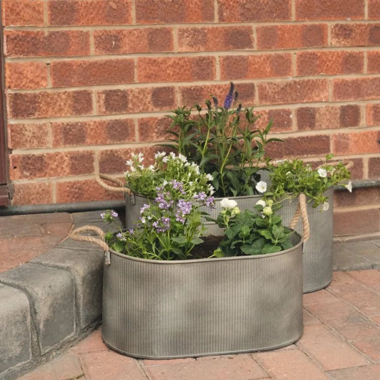 Set of 2 Outdoor Trough Planters w/Rope Handles Galvanised Iron - On - Trend Farmhouse Style Quality Home Decor Garden & Outdoor Living and Gifts