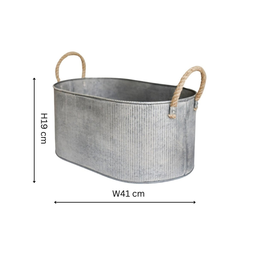 Set of 2 Outdoor Trough Planters w/Rope Handles Galvanised Iron - On - Trend Farmhouse Style Quality Home Decor Garden & Outdoor Living and Gifts