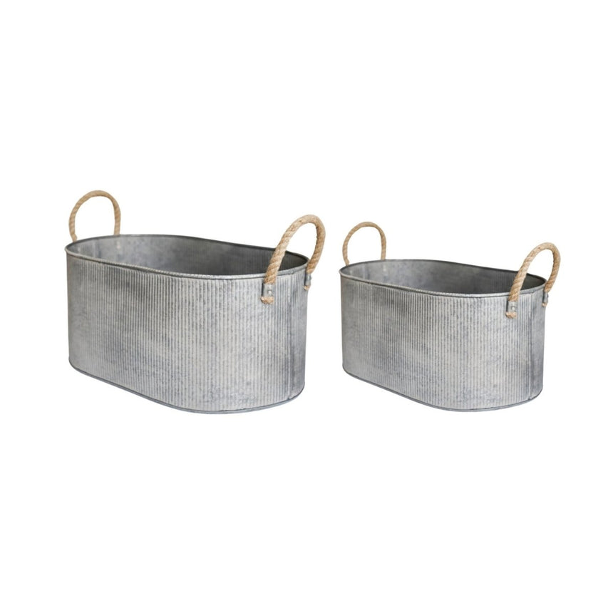 Set of 2 Outdoor Trough Planters w/Rope Handles Galvanised Iron - On - Trend Farmhouse Style Quality Home Decor Garden & Outdoor Living and Gifts