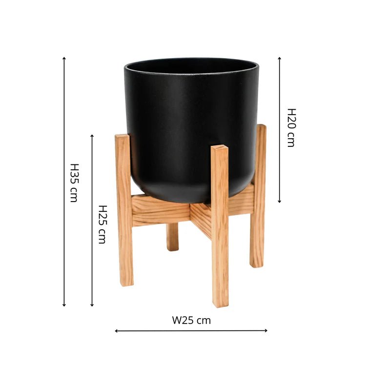 Small Indoor Black Ceramic Plant Pot - On Wooden Stand Luxury Home Decor Garden & Outdoor And Gifts