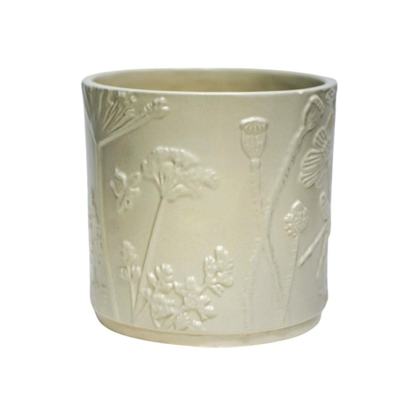 Small Kew Gardens Stoneware Ivory Indoor Planter - Handmade With a Meadow Flowers Embossed Pattern Luxury Home Decor Garden & Outdoor And Gifts