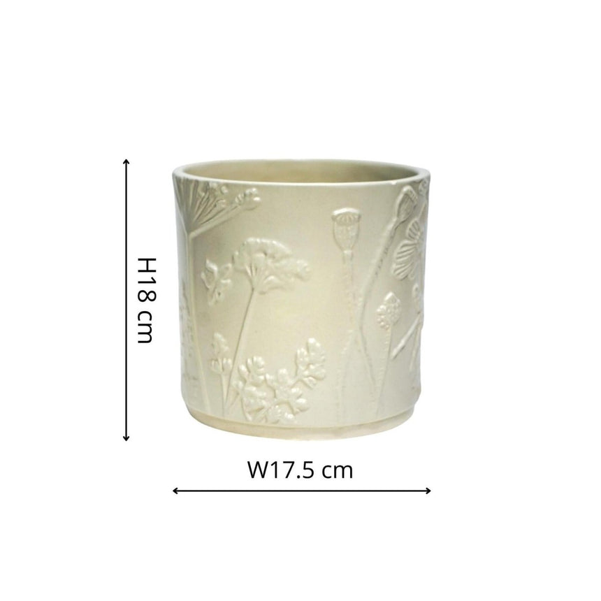 Small Kew Gardens Stoneware Ivory Indoor Planter - Handmade With a Meadow Flowers Embossed Pattern Luxury Home Decor Garden & Outdoor And Gifts