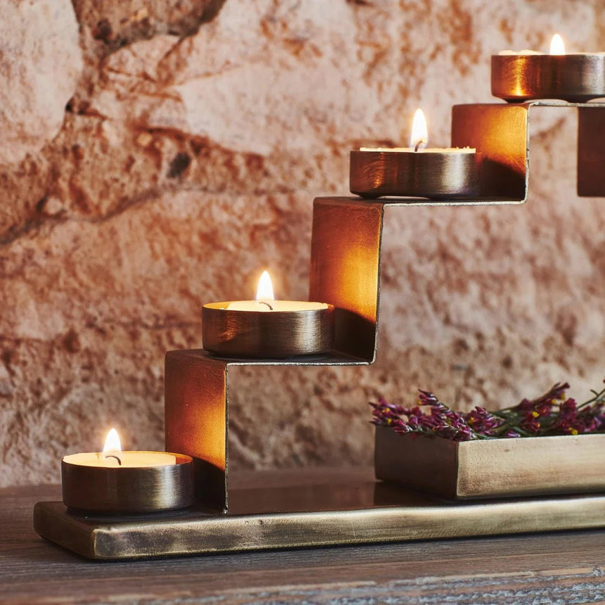 Tealight Candle Holder with Decor Box in Antique Brass H16.5Cm W35.5Cm Luxury Home Decor Garden & Outdoor And Gifts