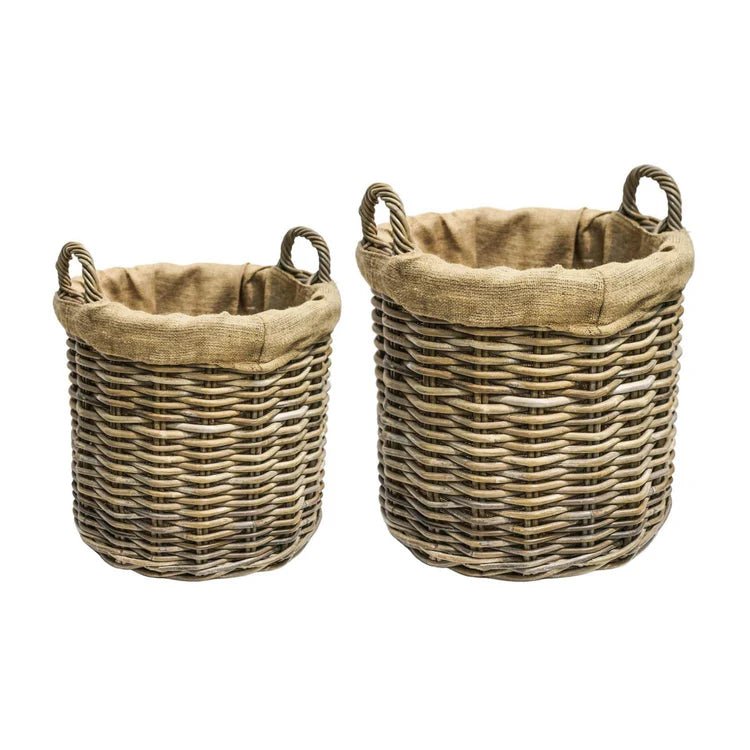 Wicker Log Basket Round Lined S/2 H45/D50, H35/D35cm Luxury Home Decor Garden & Outdoor And Gifts