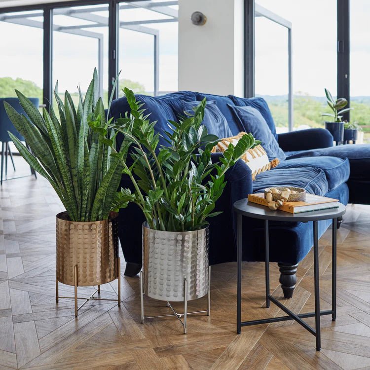 Zendaya Indoor Planter on Stand Silver Finish - Embossed, Metallic Tones, Suits All Decor Quality Home Decor Garden & Outdoor Living and Gifts