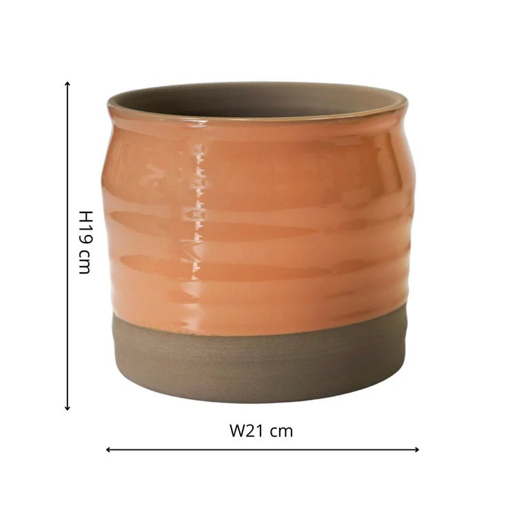 2 Tone Indoor Lipped & Ripple Planter - Peach Orange Gloss Glaze and Earth Brown Base Luxury Home Decor Garden & Outdoor And Gifts