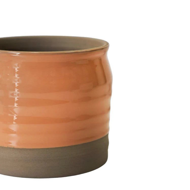 2 Tone Indoor Lipped & Ripple Planter - Peach Orange Gloss Glaze and Earth Brown Base Luxury Home Decor Garden & Outdoor And Gifts