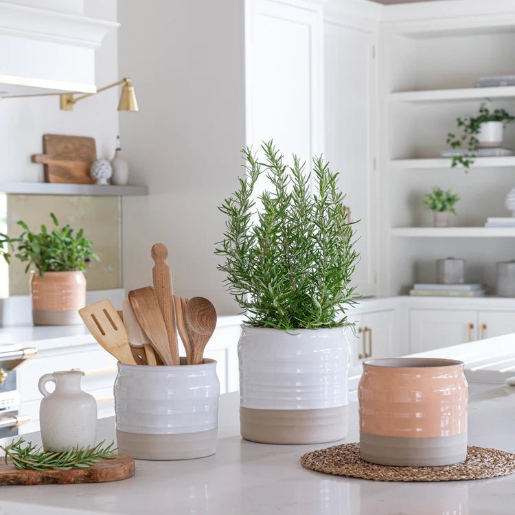 2 Tone Indoor Lipped & Ripple Planter - White Gloss Glaze and Earth Brown Base Luxury Home Decor Garden & Outdoor And Gifts
