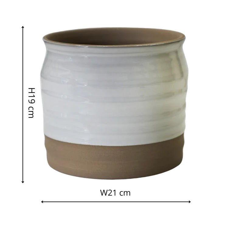 2 Tone Indoor Lipped & Ripple Planter - White Gloss Glaze and Earth Brown Base Luxury Home Decor Garden & Outdoor And Gifts