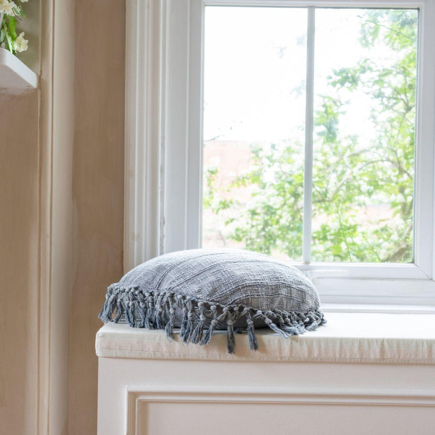 Round Slate Sofa/Chair/Bed Cushion - 100% Cotton, Large Tassels, 50cm Dia