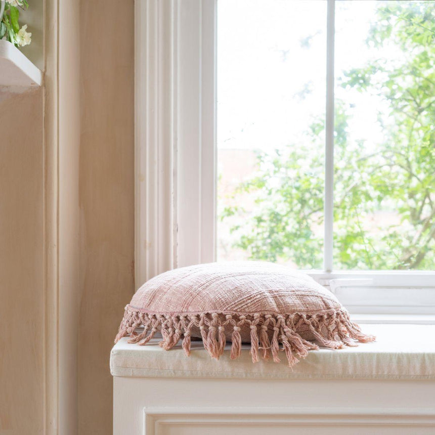 Round Clay Pink Sofa/Chair/Bed Cushion - 100% Cotton, Large Tassels, 50cm Dia